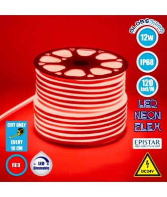 GLOBOSTAR® OVALE 70563 Ταινία Neon Flex LED 12W-m 600lm-m 120° DC 24V Αδιάβροχο IP65 120 x SMD2835 Chip-m Κόκκινο Dimmable - Sanan SMD Chip - Μ100 x Π0.8 x Υ1.6cm - 3 Χρόνια Εγγύηση